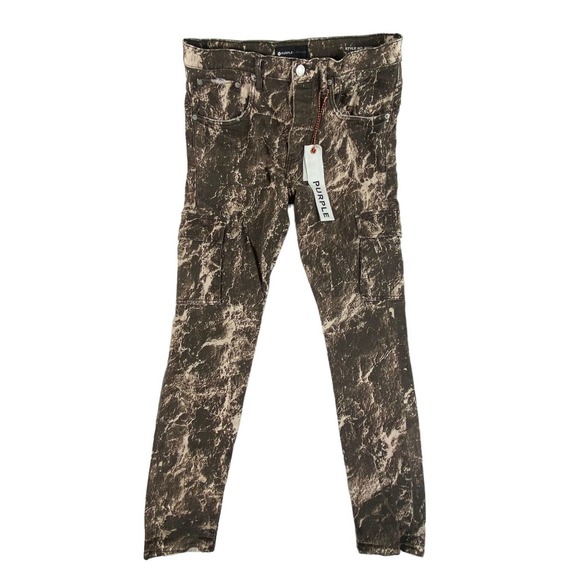 Purple-Brand Marbled Brown Camo Button Fly Distressed Cargo Jean Size 31x32